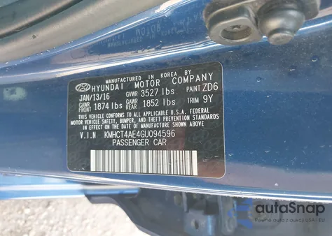 2016 Hyundai Accent Se from USA, damaged, VIN KMHCT4AE4GU094596